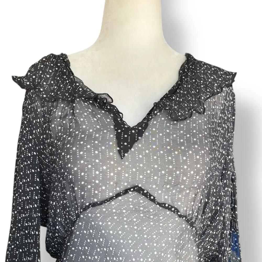 Vintage Blouse Black Sheer Silk Ruffle Top Polka Dot Lightweight Feminine Twee